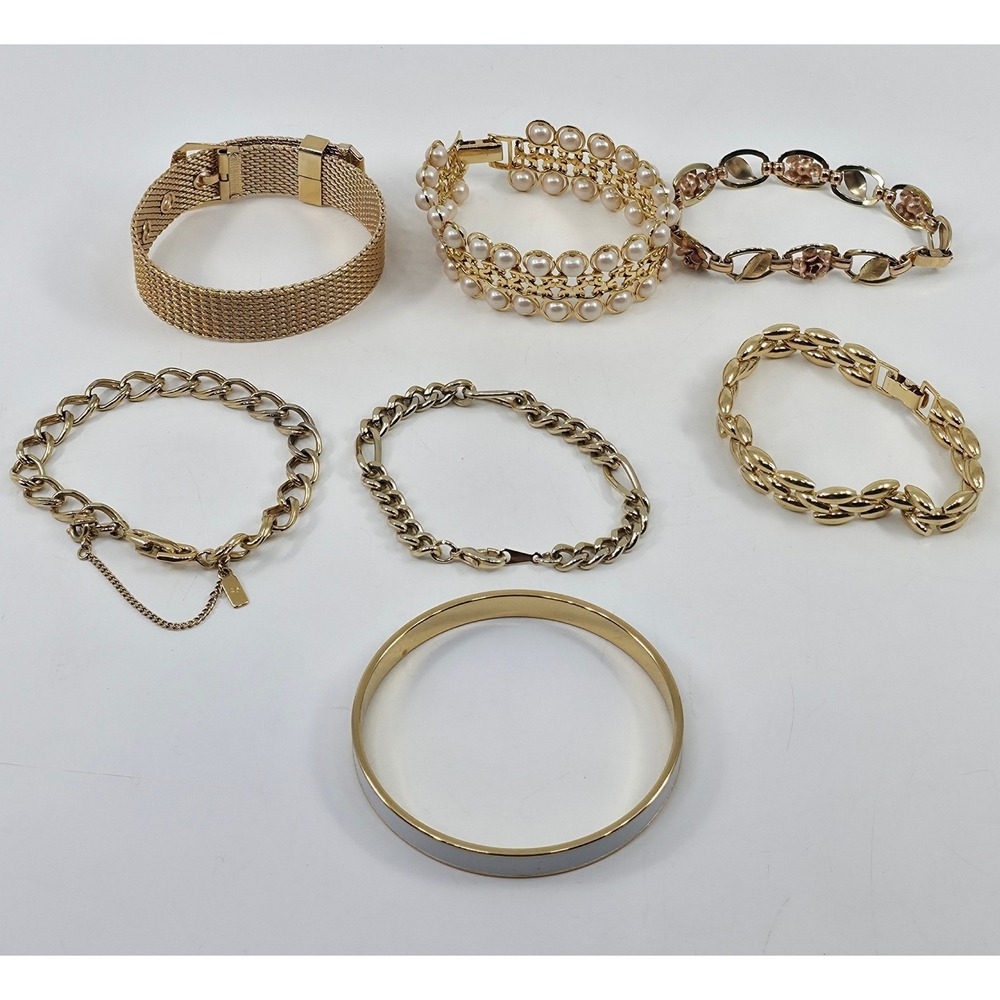 Lot of 7 Gold Tone Bracelets Mesh Buckle Faux Pearl Rose Floral Enamel Bangle